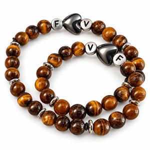 Bracelet pour couple en oeil de tigre avec initiales