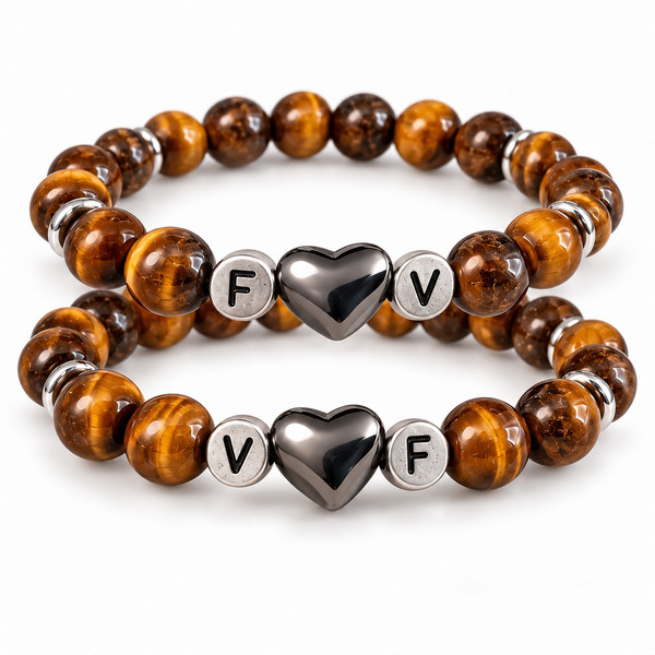 Bracelet pour couple en oeil de tigre avec initiales